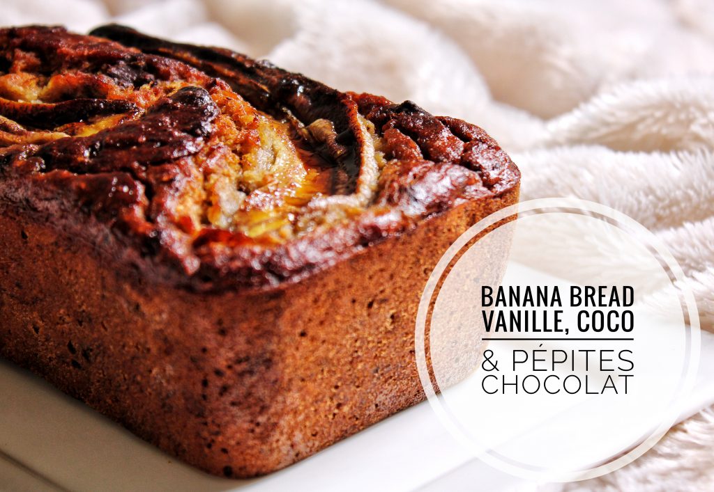 Banana bread vanille, coco, pépites chocolat vegan sans gluten sans lactose sans œufs