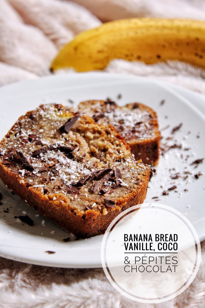 Banana bread vanille, coco, pépites chocolat vegan sans gluten sans lactose sans œufs