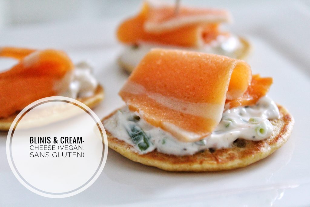 Blinis vegan sans gluten sans lactose végétarien sans œufs saumon fumé caviar cream cheese