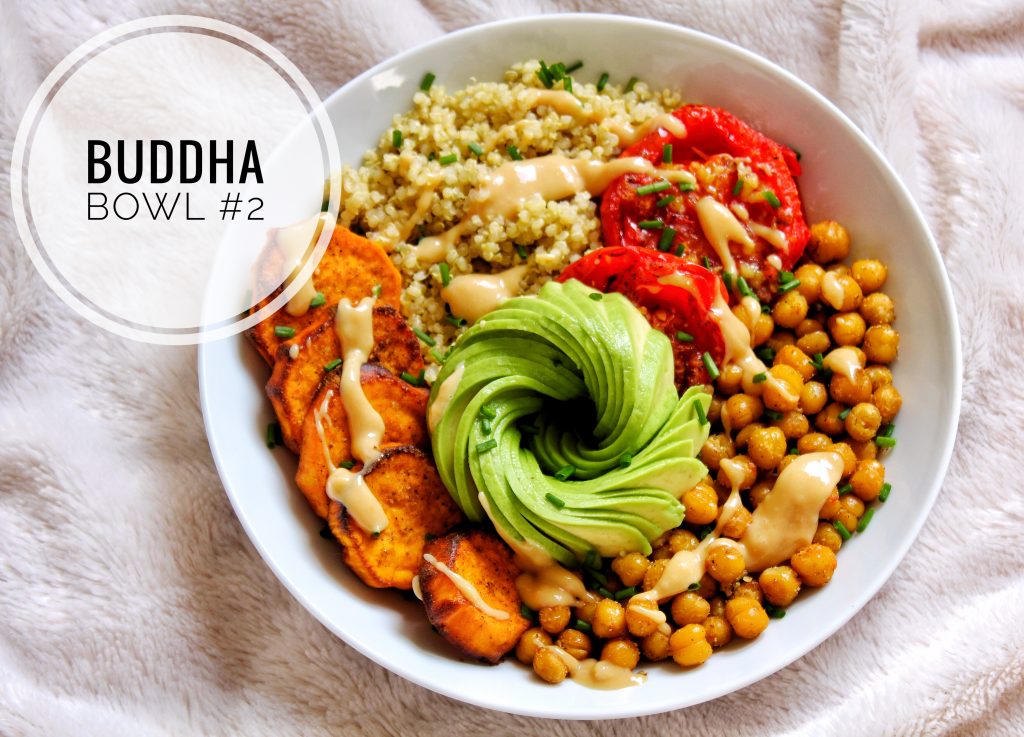 Buddha Bowl patate douce avocat quinoa pois chiches tomate shiro miso sans gluten sans lactose vegan végétarien