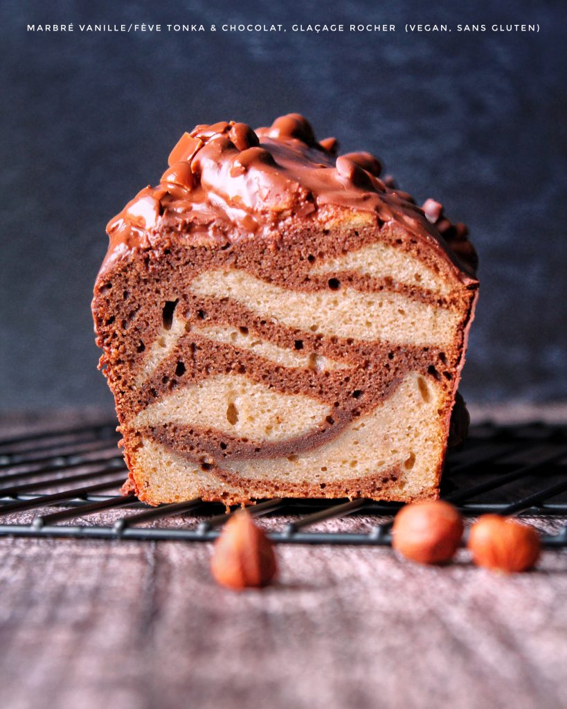Cake marbré vanille fève tonka chocolat, glaçage rocher vegan, sans gluten