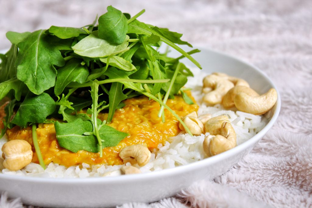 Curry butternut, lentilles corail, lait coco, vegan végétarien sans gluten sans lactose sans viande