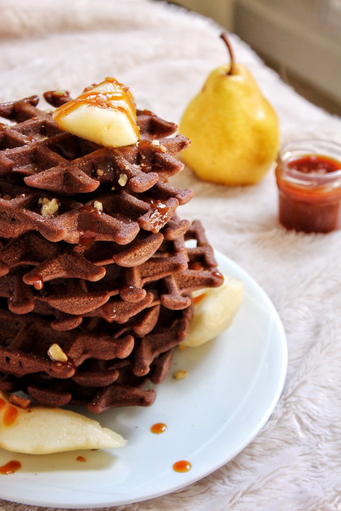 Gaufres chocolat caramel beurre salé poire pralin vegan sans gluten sans lactose sans œufs végétarien