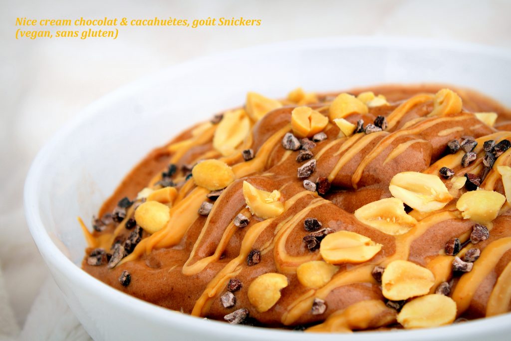 Glace banane nice cream chocolat cacahuètes snickers vegan sans gluten sans lactose sans œufs végétarien