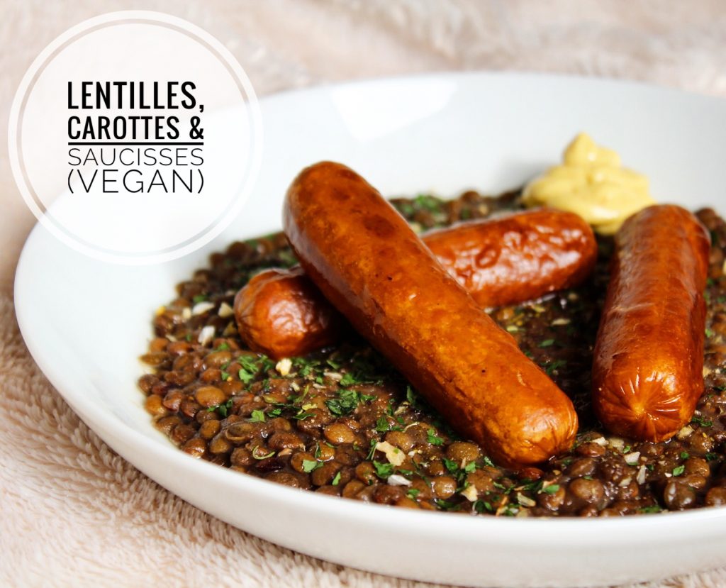 Lentilles, carottes, saucisses vegan végétarien sans gluten sans lactose sans viande taifun