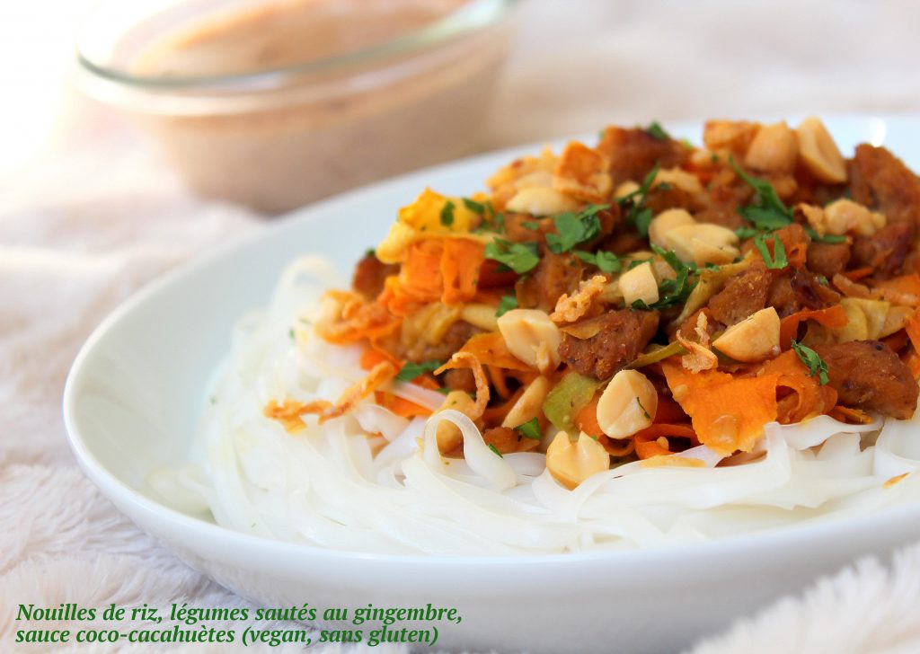 Nouilles de riz, légumes et protéines soja sautés au gingembre, sauce coco cacahuètes, vegan, sans gluten, sans lactose, végétarien