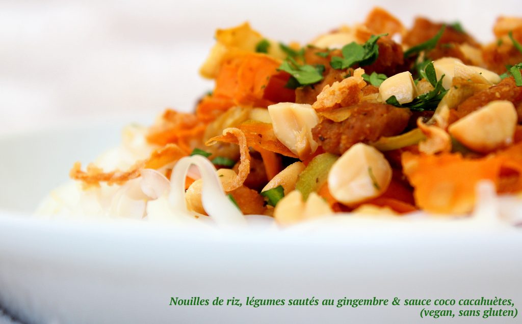 Nouilles de riz, légumes et protéines soja sautés au gingembre, sauce coco cacahuètes, vegan, sans gluten, sans lactose, végétarien