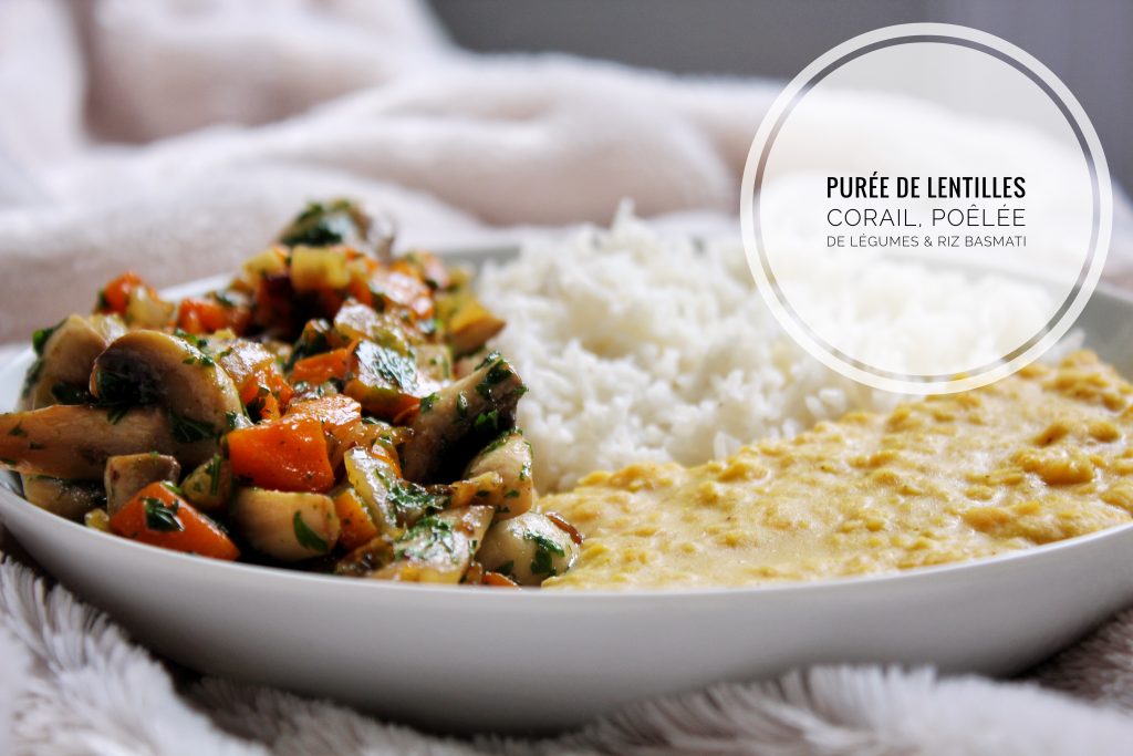 Purée lentilles corail, poêlée carottes champignons, riz, vegan sans gluten sans lactose sans viande végétarien