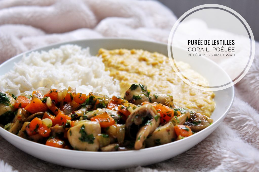 Purée lentilles corail, poêlée carottes champignons, riz, vegan sans gluten sans lactose sans viande végétarien