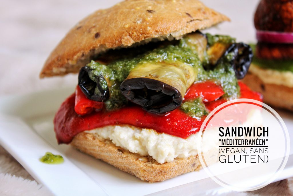 Sandwich vegan sans gluten sans œufs sans lactose méditerranéen poivron aubergine pesto fromage d'amande végétarien