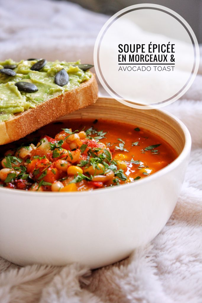 Soupe épicée en morceaux tomate maïs haricots blancs vegan sans gluten sans lactose végétarien