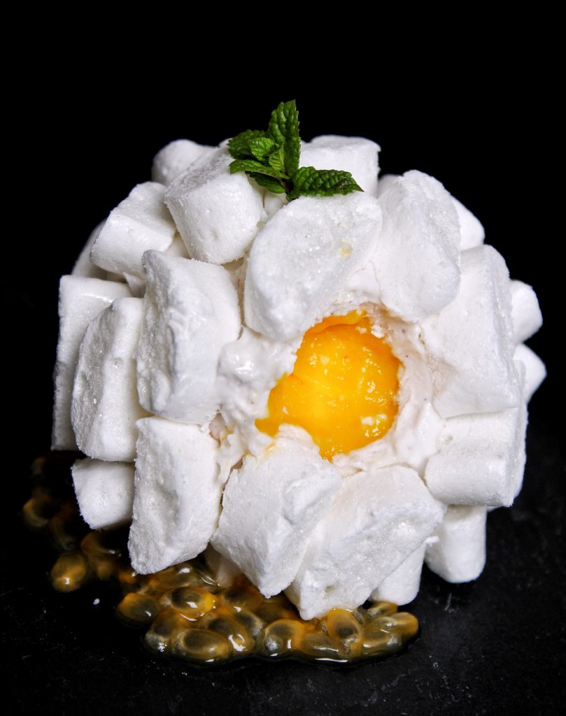 Vacherin exotique mangue fruit de la passion chantilly coco vegan végétarien sans gluten sans lactose sans œuf