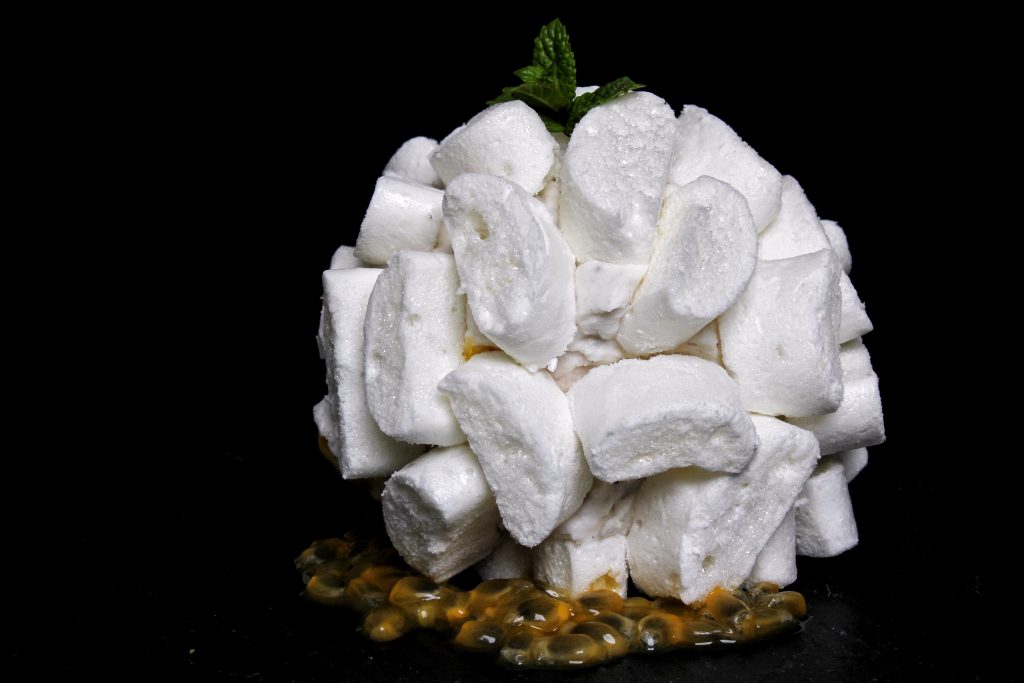 Vacherin exotique mangue fruit de la passion chantilly coco vegan végétarien sans gluten sans lactose sans œuf
