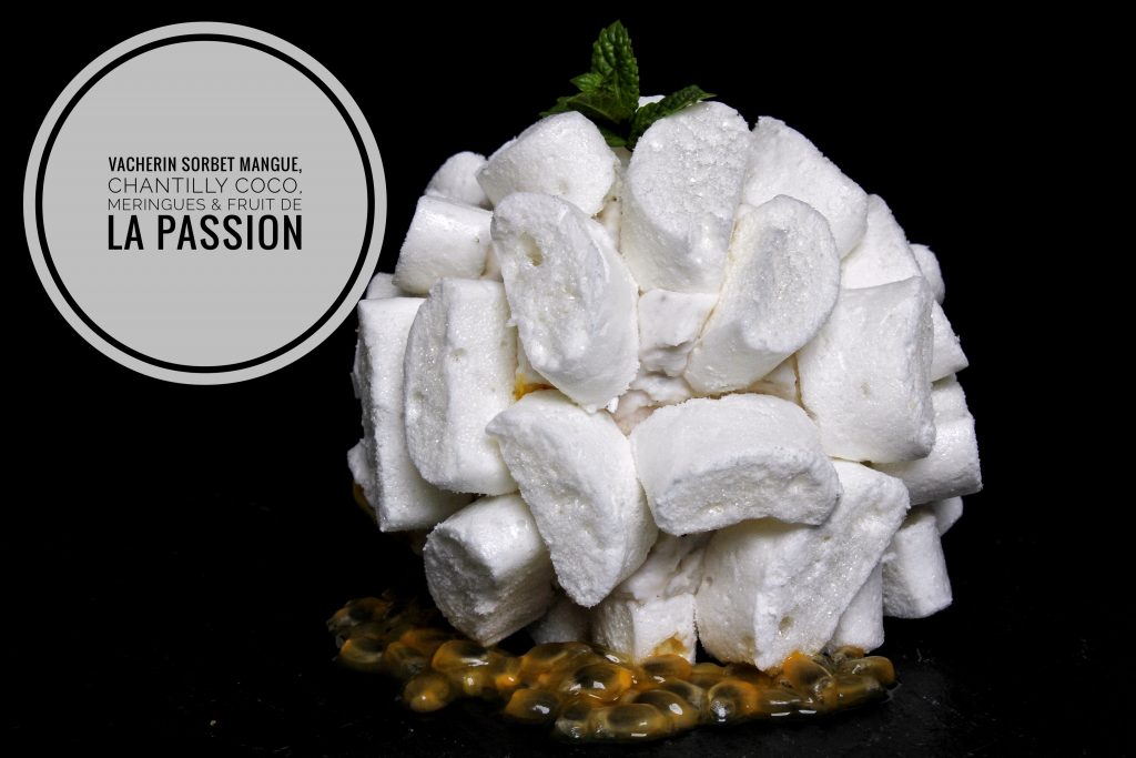 Vacherin exotique mangue fruit de la passion chantilly coco vegan végétarien sans gluten sans lactose sans œuf